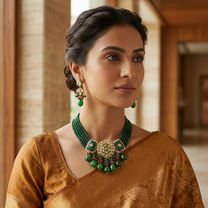 Necklace Set: Kundan, Green Beads, Pearl & Meenakari