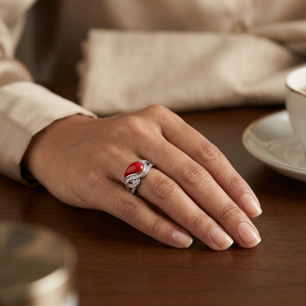 Ring: Coral & Cubic Zirconia