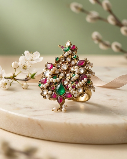 Ring: Uncut Polki Kundan, Pearls, Cubic Zirconia, Tourmaline & Emerald