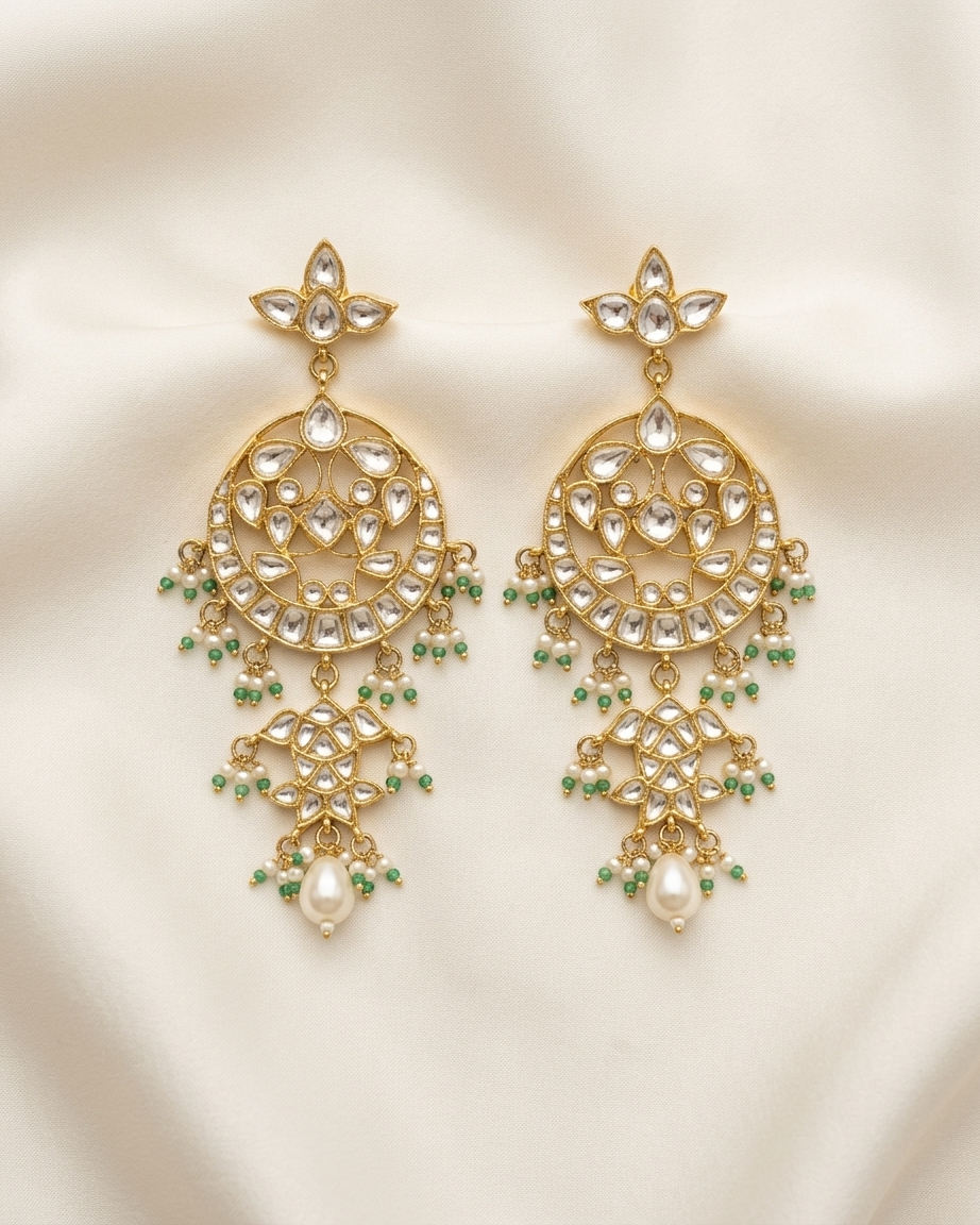 Earring: Uncut Semi-Moissanite Polki Kundan & Pearl