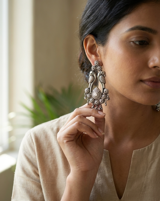 Earring: Bird Silver Beads