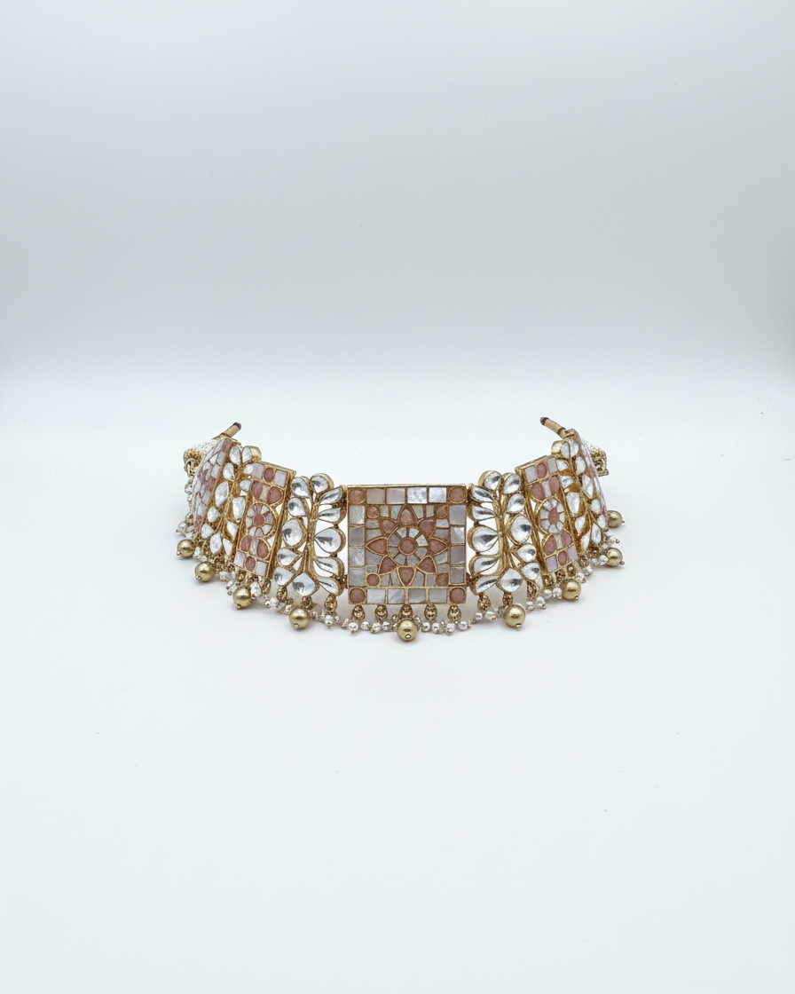 Neck Chain: Uncut Semi-Moissanite Polki Kundan, Inlay & Pearl