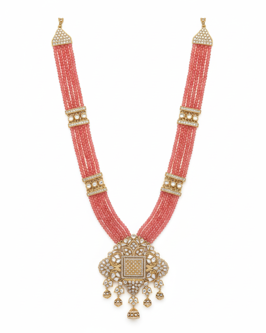 Neck Chain:  Inlay, Semi-Moissanite Polki Kundan, Cubic Zirconia & Tourmaline