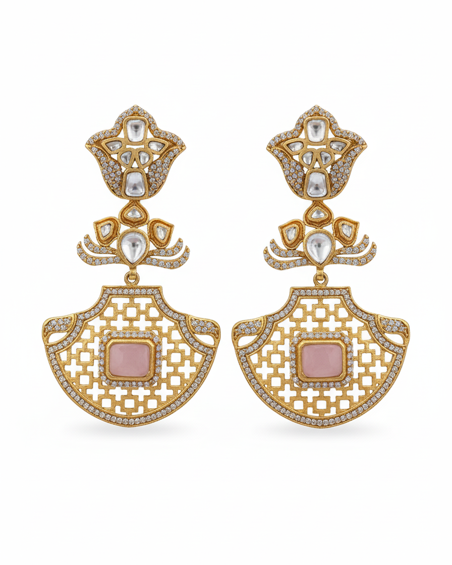 Earring: Uncut Polki Kundan & Rose Quartz