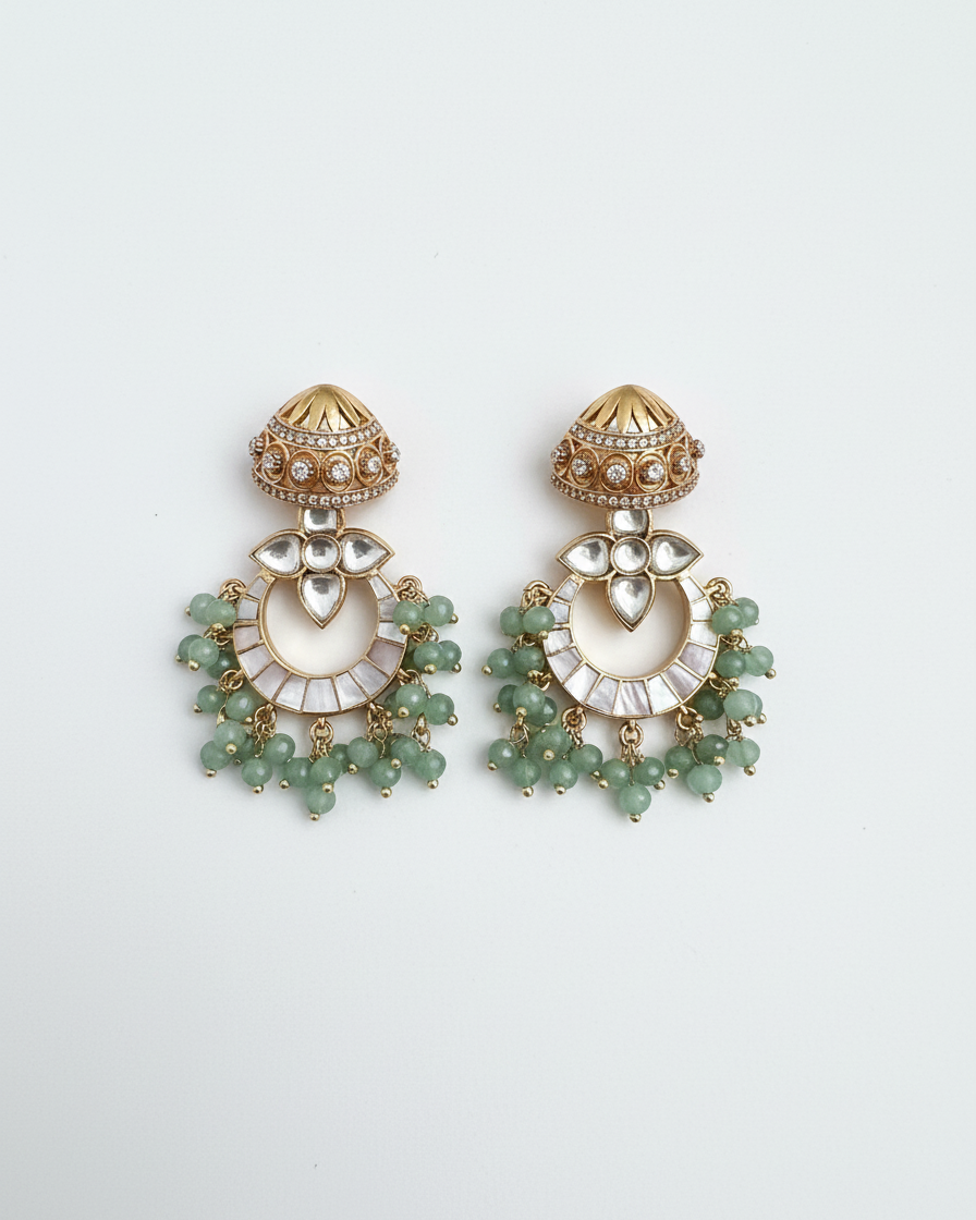 Earring: Uncut Polki Kundan, Inlay, Cubic Zirconia & Beads