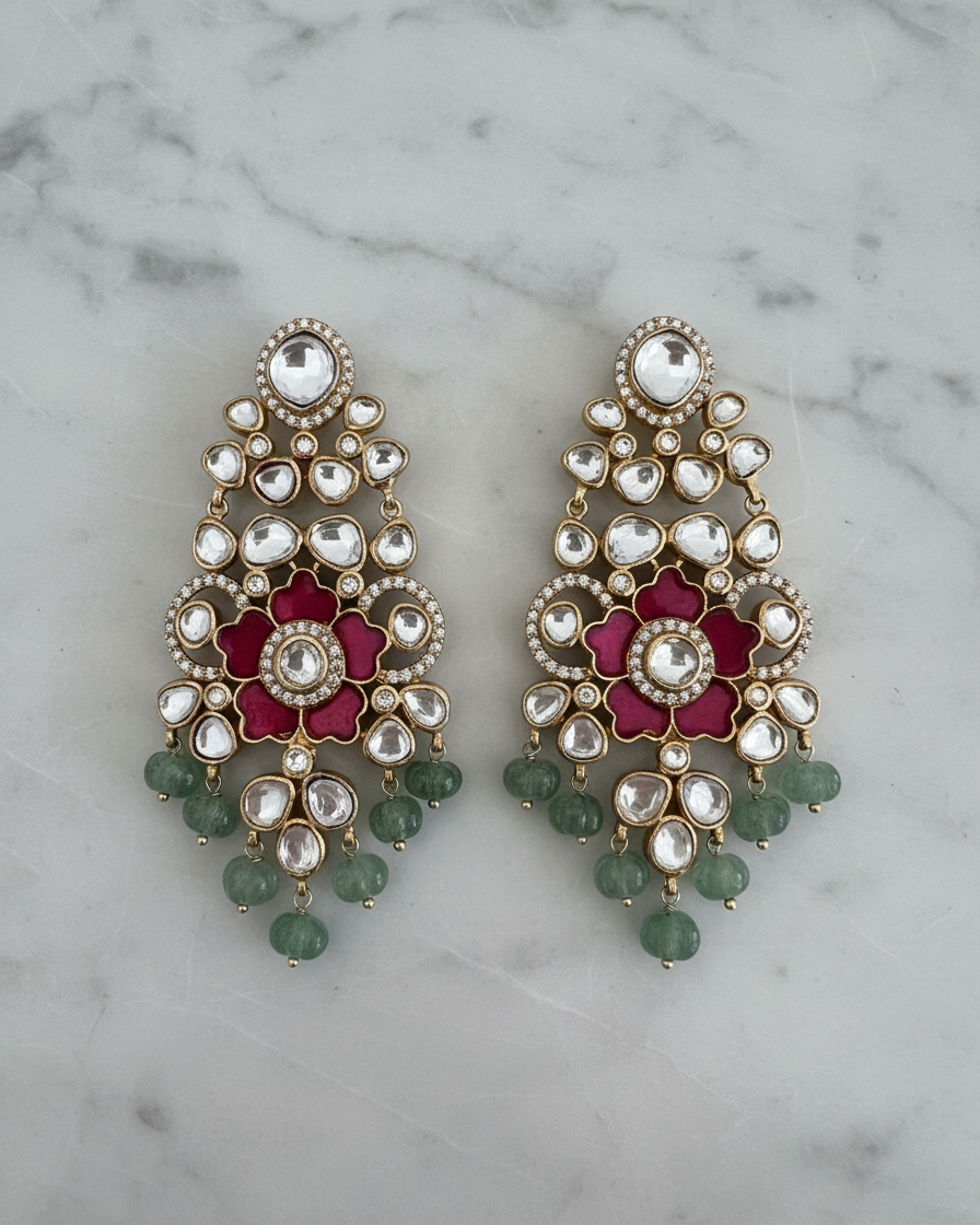 Earring: Uncut Polki Kundan, Cubic Zirconia & Emerald