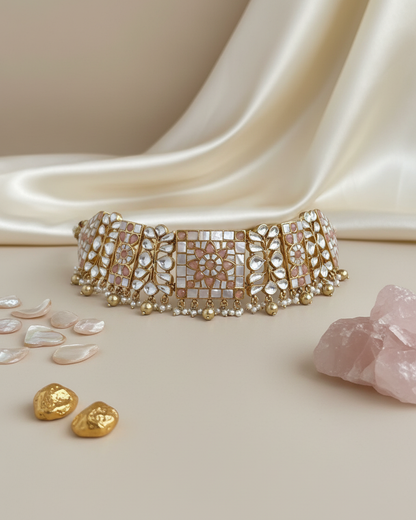 Neck Chain: Uncut Semi-Moissanite Polki Kundan, Inlay & Pearl