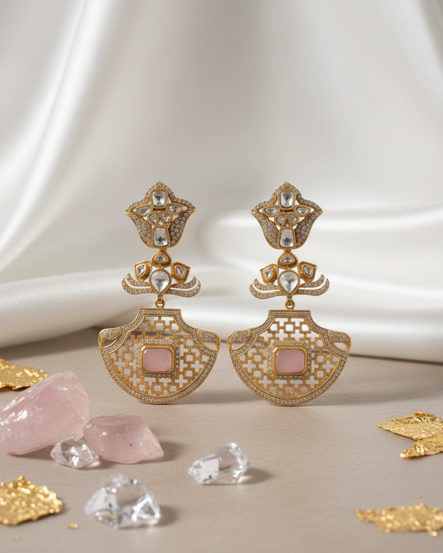 Earring: Uncut Polki Kundan & Rose Quartz