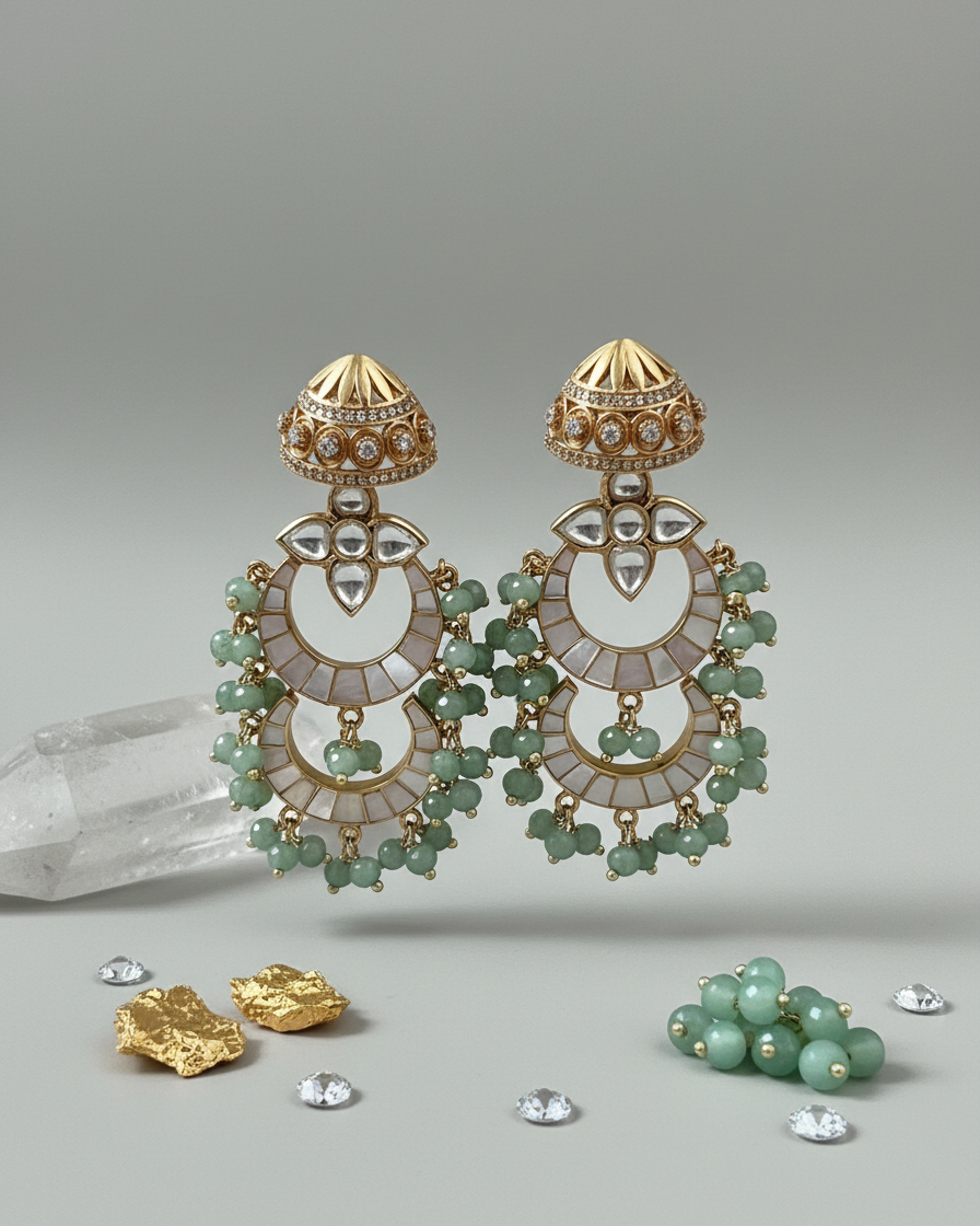 Earring: Uncut Polki Kundan, Inlay, Cubic Zirconia & Beads