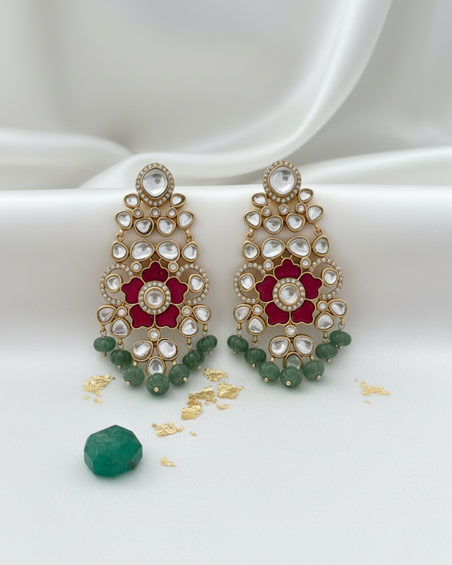 Earring: Uncut Polki Kundan, Cubic Zirconia & Emerald