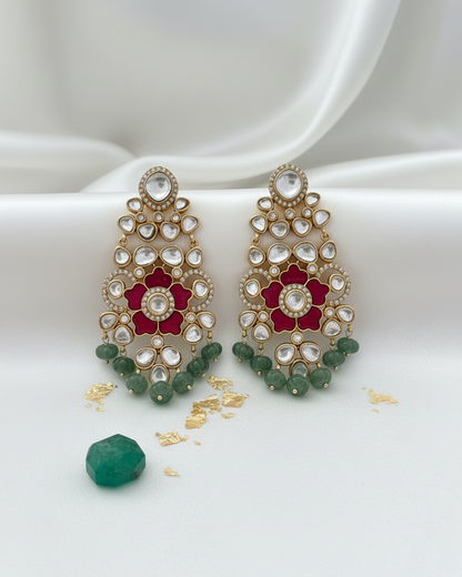 Earring: Uncut Polki Kundan, Cubic Zirconia & Emerald