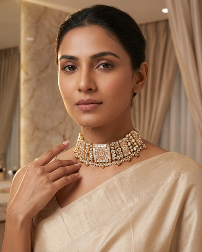 Neck Chain: Uncut Semi-Moissanite Polki Kundan, Inlay & Pearl