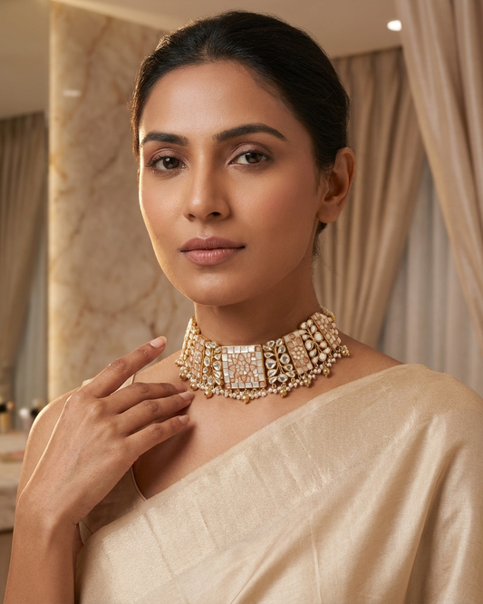Neck Chain: Uncut Semi-Moissanite Polki Kundan, Inlay & Pearl