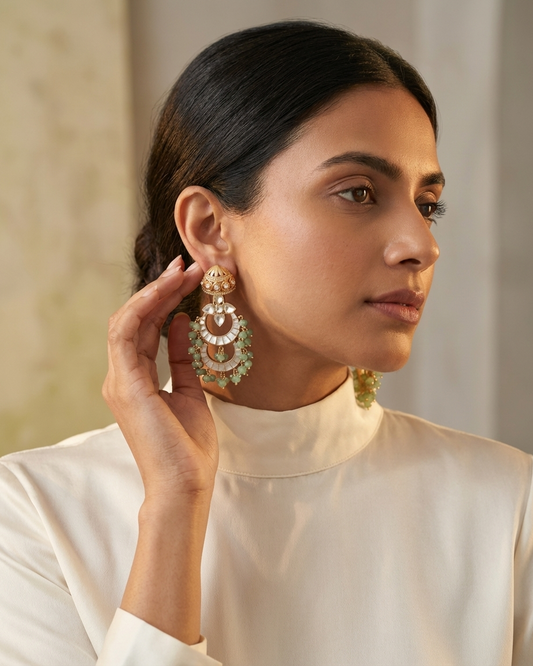 Earring: Uncut Polki Kundan, Inlay, Cubic Zirconia & Beads