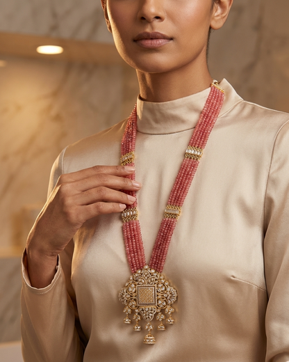 Neck Chain:  Inlay, Semi-Moissanite Polki Kundan, Cubic Zirconia & Tourmaline