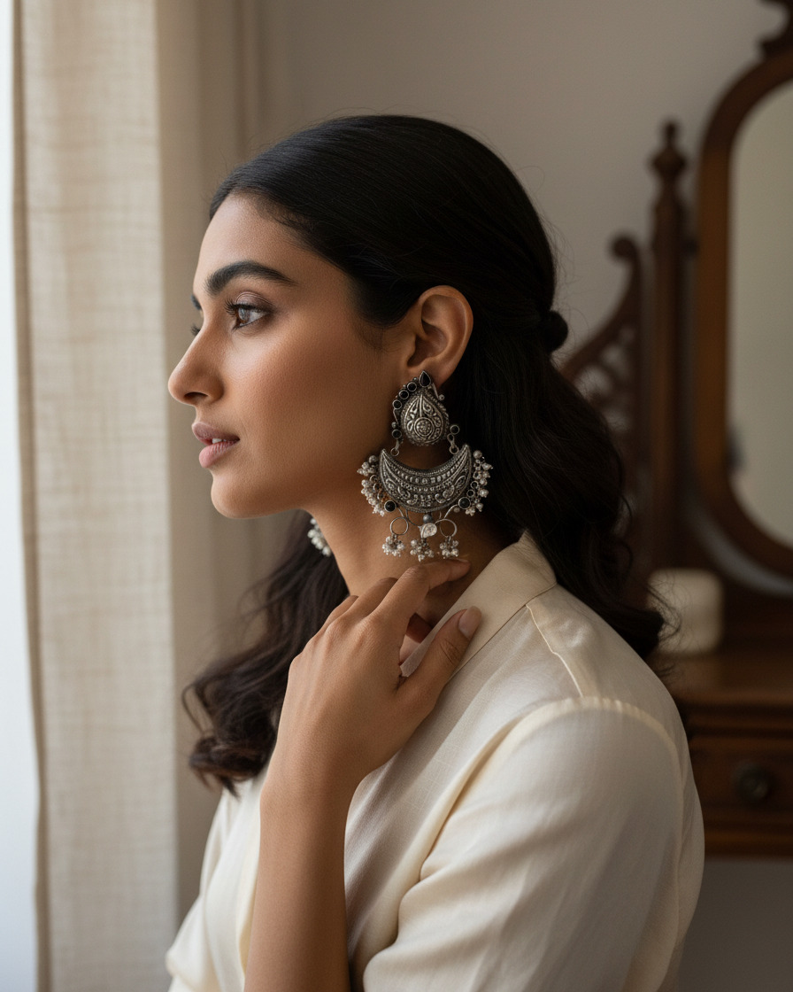 Earring: Uncut Polki Kundan, Black Onyx & Pearl
