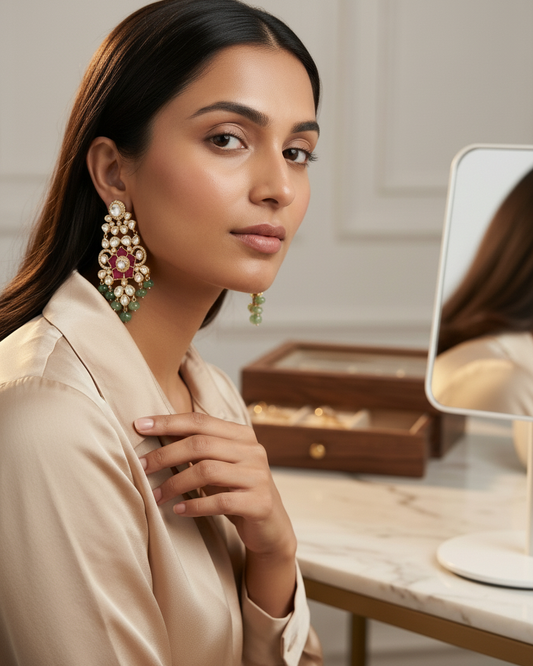 Earring: Uncut Polki Kundan, Cubic Zirconia & Emerald