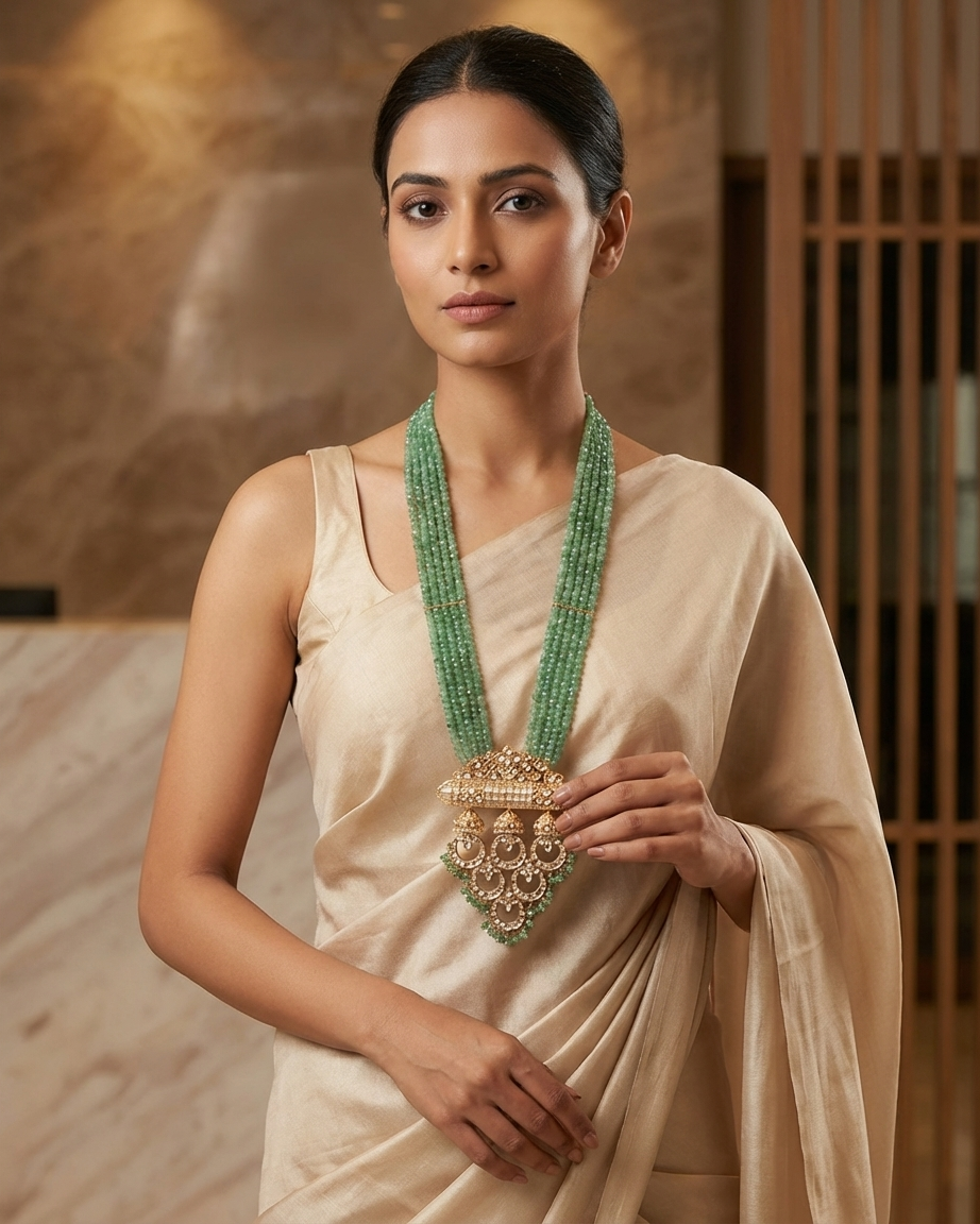 Neck Chain: Uncut Semi-Moissanite Polki Kundan, Inlay, Cubic Zirconia & Beads