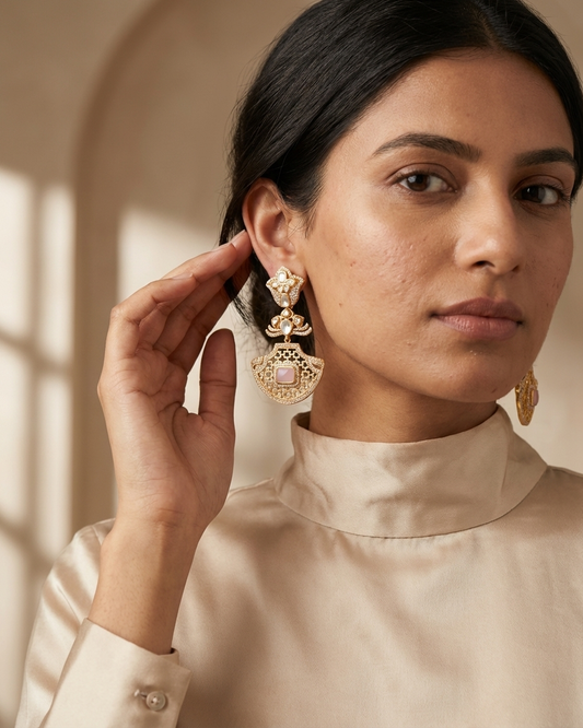 Earring: Uncut Polki Kundan & Rose Quartz