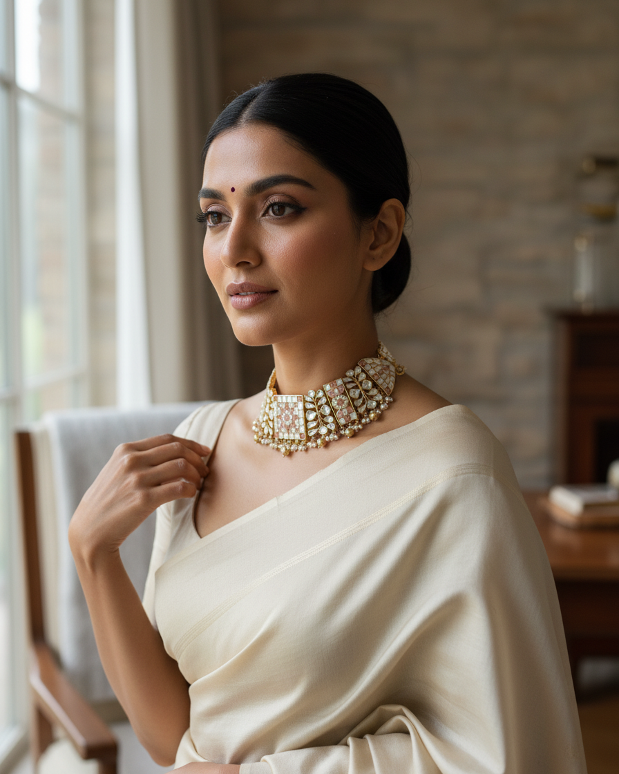 Neck Chain: Uncut Semi-Moissanite Polki Kundan, Inlay & Pearl