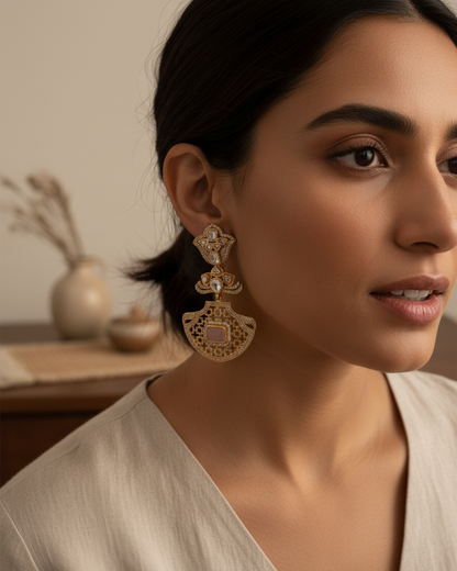 Earring: Uncut Polki Kundan & Rose Quartz