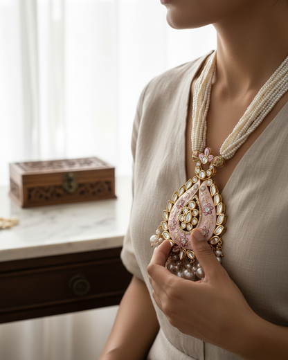 Neck Chain: Uncut Polki Kundan, Enamel & Pearl