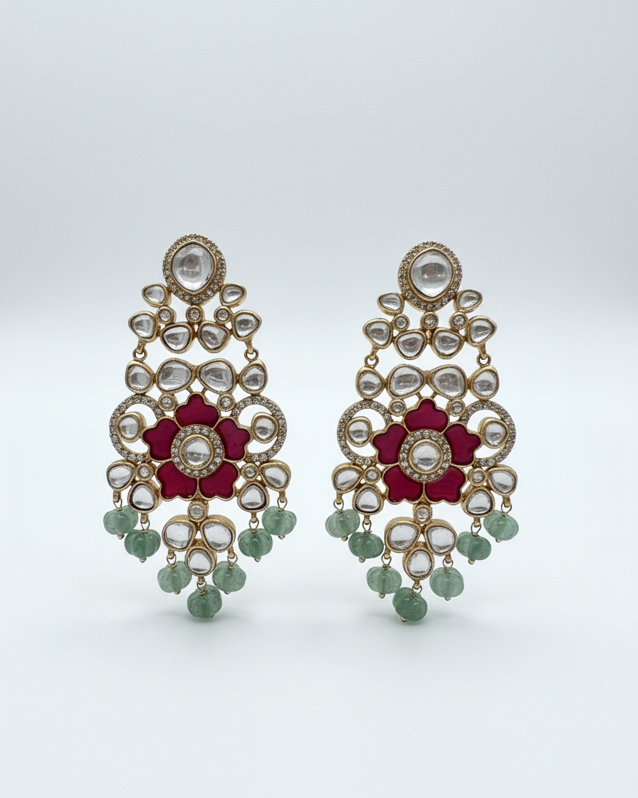 Earring: Uncut Polki Kundan, Cubic Zirconia & Emerald
