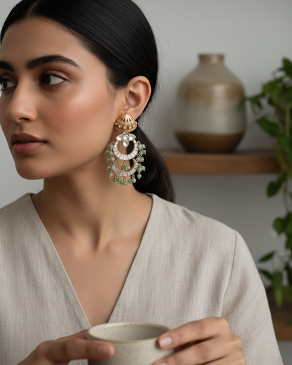 Earring: Uncut Polki Kundan, Inlay, Cubic Zirconia & Beads