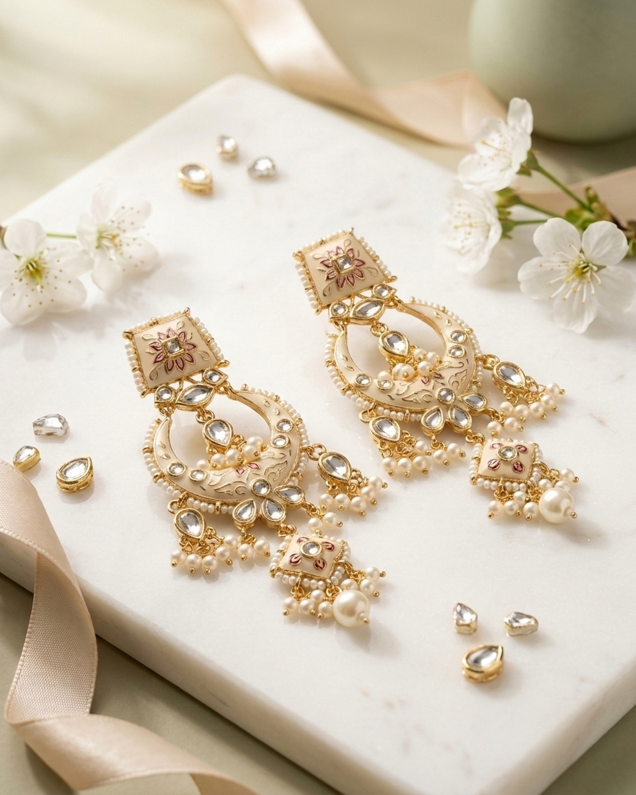 Earring: Uncut Polki Kundan, Meenakari & Pearl