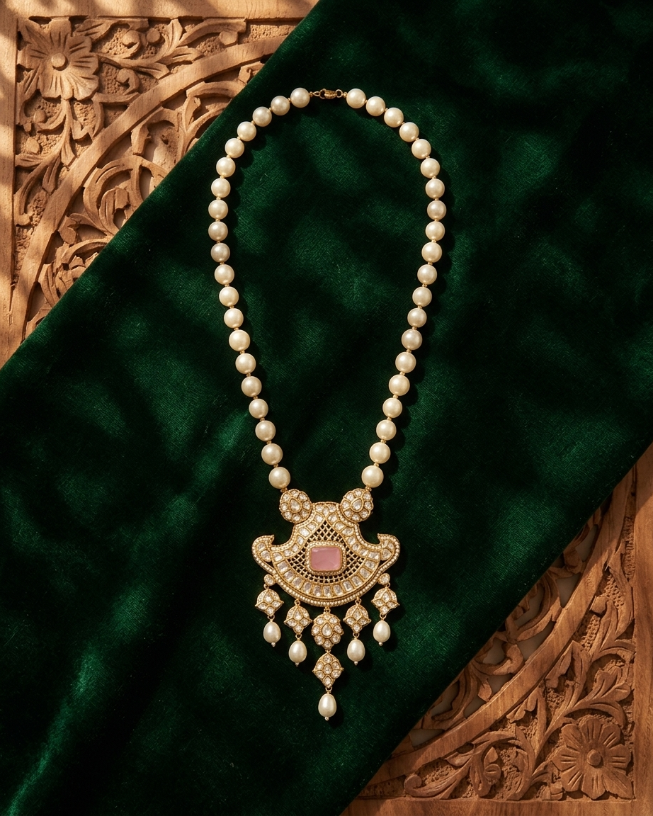 Neck Chain: Uncut Polki Kundan, Rose Quartz, Cubic Zirconia & Pear