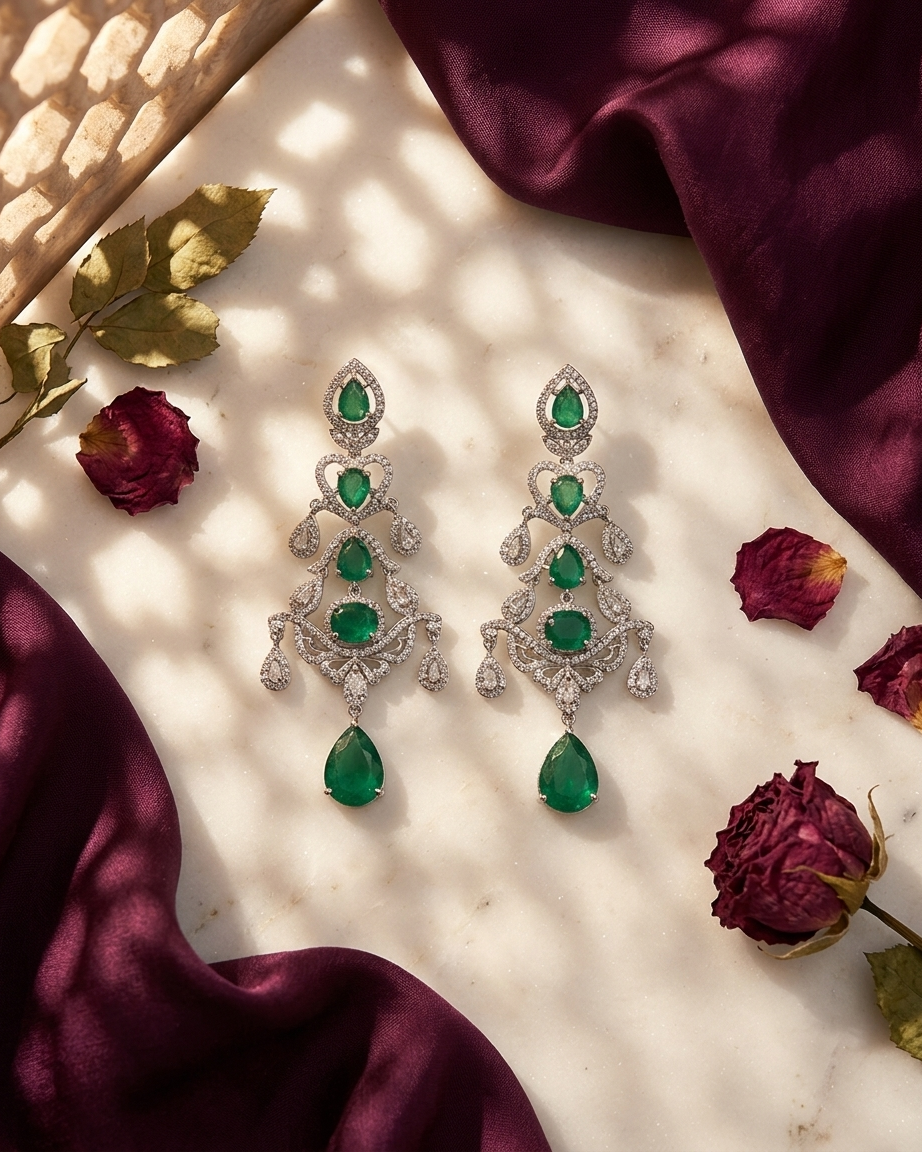 Earring: Pearls, Cubic Zirconia, White & Emerald Crystal