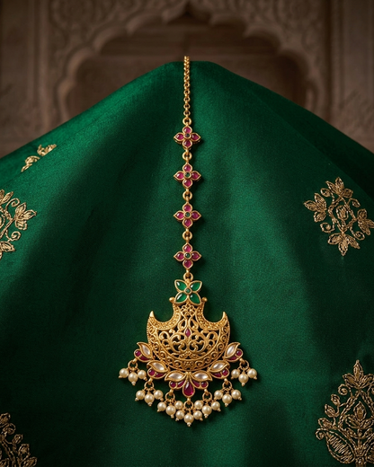 Tikka: Uncut Semi-Moissanite Polki Kundan, Ruby, Emerald & Pearl