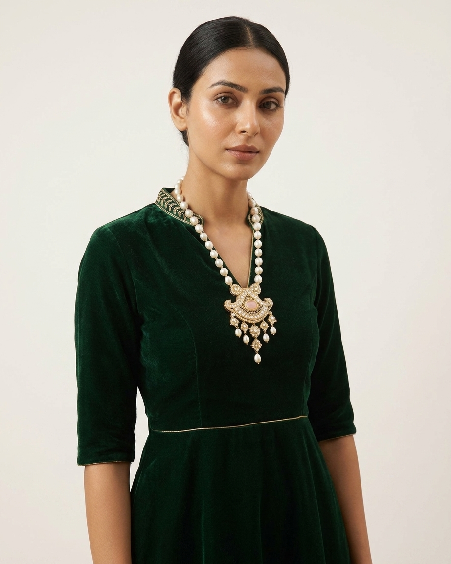 Neck Chain: Uncut Polki Kundan, Rose Quartz, Cubic Zirconia & Pear