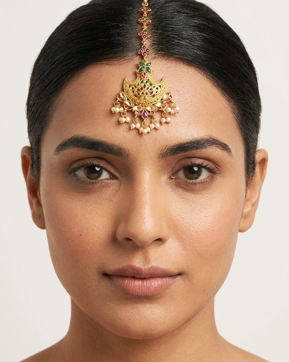Tikka: Uncut Semi-Moissanite Polki Kundan, Ruby, Emerald & Pearl