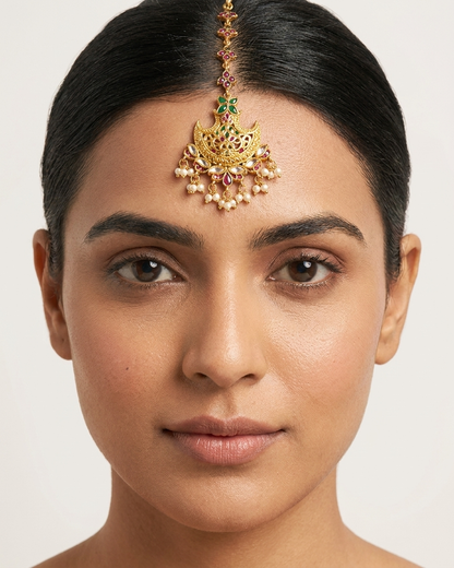 Tikka: Uncut Semi-Moissanite Polki Kundan, Ruby, Emerald & Pearl