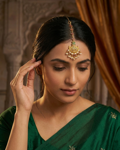 Tikka: Uncut Semi-Moissanite Polki Kundan, Ruby, Emerald & Pearl