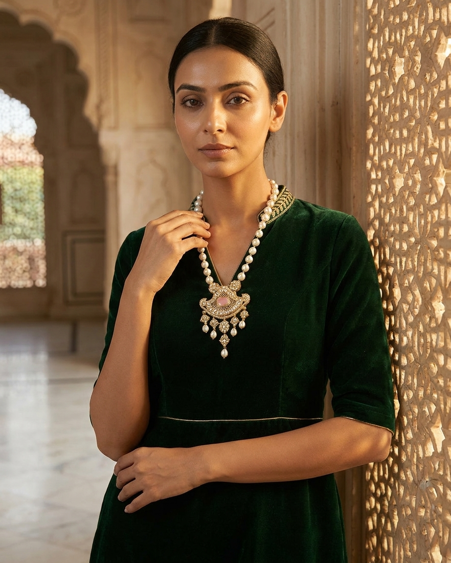 Neck Chain: Uncut Polki Kundan, Rose Quartz, Cubic Zirconia & Pear