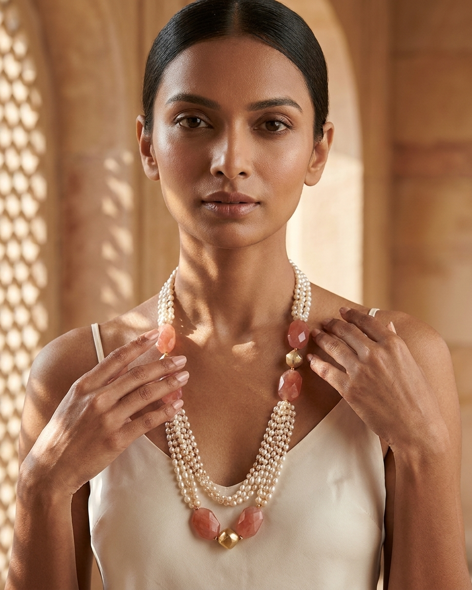 Neck Chain: Orange Beads & Pearls
