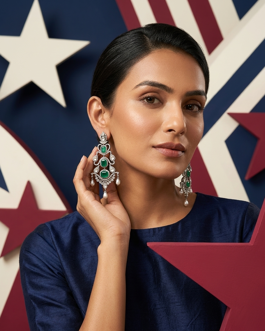 Earring: Pearls, Cubic Zirconia, White & Emerald Crystal